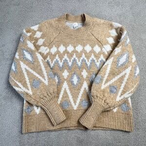 A New Day Women Fair Isle Geometric Knit Sweater Small Beige Grey White Cozy